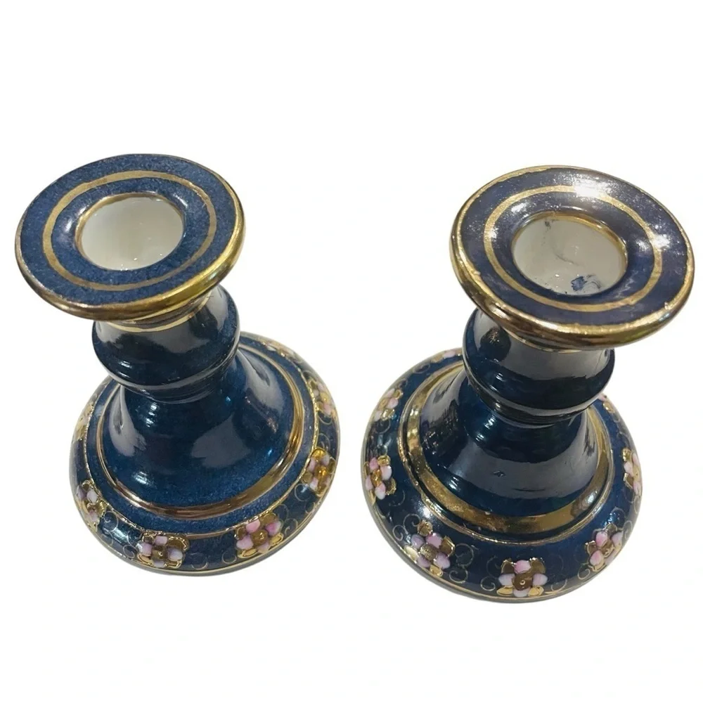 Toyo Enamel & Gold Leaf Porcelain Ornate Floral Design Candle Holders 4.25”